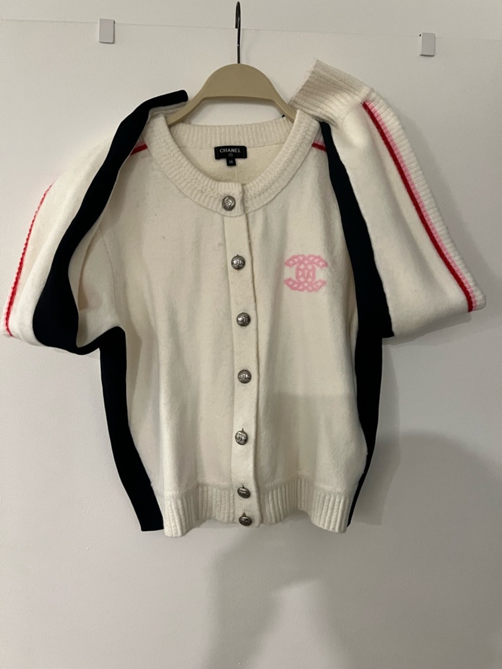 CHANEL Cream Cardigan with Black Side Panels and Pink CC Logo